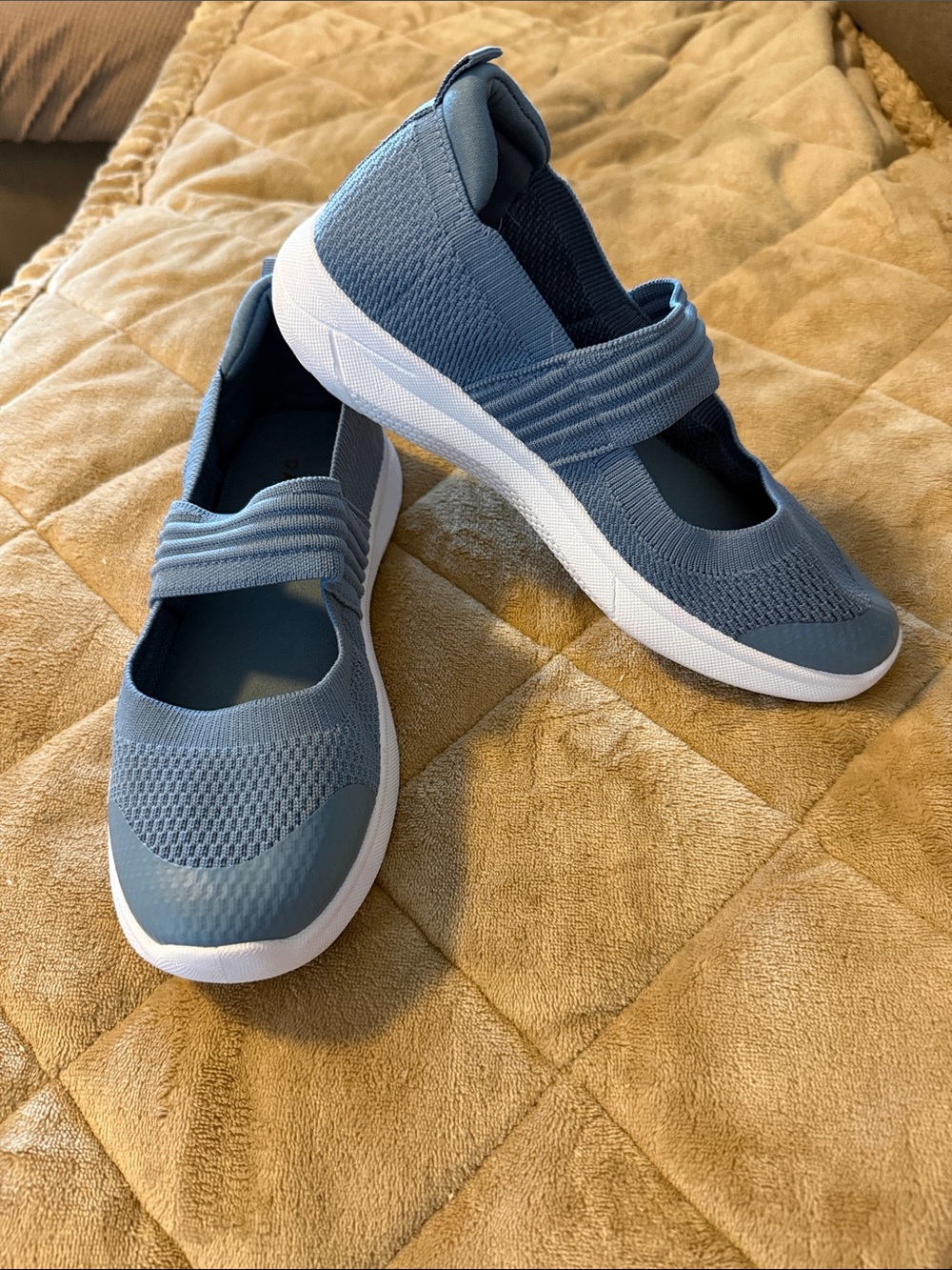 Danskin Slip-On Knit Mary Jane Sneakers in Dusty Blue and White